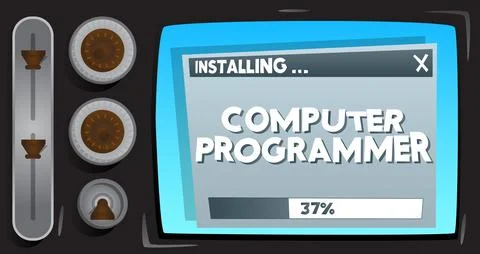 Cartoon Computer With the word Computer Programmer. Message of a screen dis.. Stock-Illustration