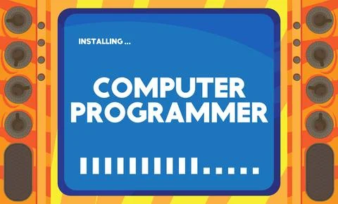 Cartoon Computer With the word Computer Programmer. Message of a screen dis.. Stock Illustration