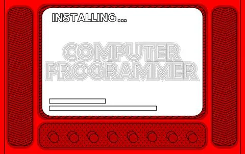 Cartoon Computer With the word Computer Programmer. Message of a screen dis.. Stock-Illustration