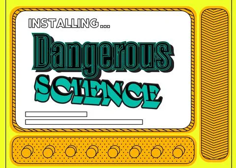 Cartoon Computer With the word Dangerous Science. Message of a screen displ.. Stock Illustration