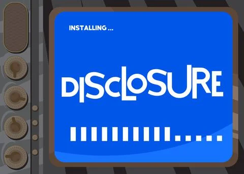 Cartoon Computer With the word Disclosure. Message of a screen displaying an  Illustrazione stock