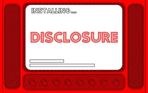 Cartoon Computer With the word Disclosure. Message of a screen displaying an  Illustrazione stock