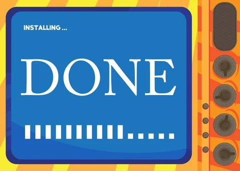 Cartoon Computer With the word Done. Message of a screen displaying an instal Stock Illustration