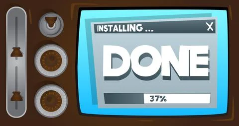Cartoon Computer With the word Done. Message of a screen displaying an instal Illustrazione stock