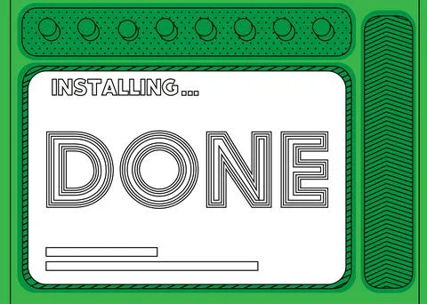 Cartoon Computer With the word Done. Message of a screen displaying an instal Illustrazione stock