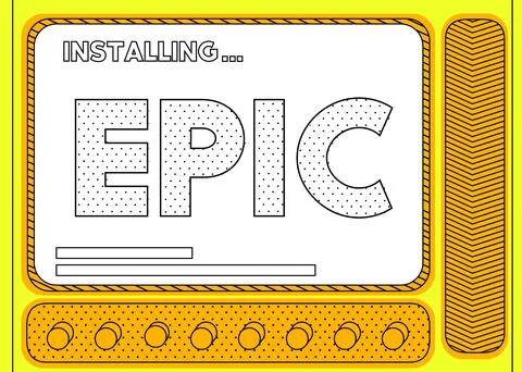Cartoon Computer With the word Epic. Message of a screen displaying an instal Illustrazione stock