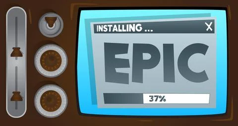 Cartoon Computer With the word Epic. Message of a screen displaying an instal Stock Illustration