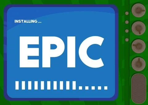 Cartoon Computer With the word Epic. Message of a screen displaying an instal Stock Illustration