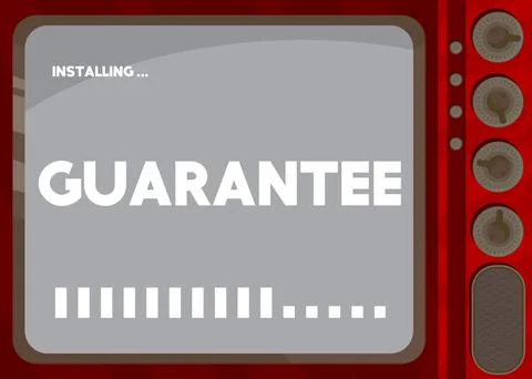 Cartoon Computer With the word Guarantee. Message of a screen displaying an i Illustrazione stock