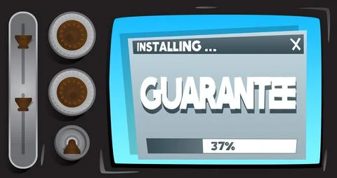 Cartoon Computer With the word Guarantee. Message of a screen displaying an i Illustrazione stock