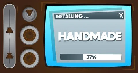 Cartoon Computer With the word Handmade. Message of a screen displaying an in Illustrazione stock