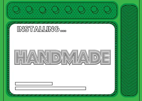 Cartoon Computer With the word Handmade. Message of a screen displaying an in Illustrazione stock