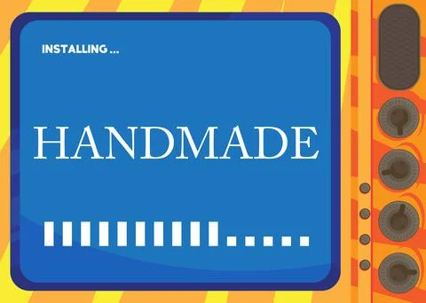 Cartoon Computer With the word Handmade. Message of a screen displaying an in Illustrazione stock