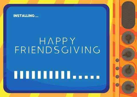 Cartoon Computer With the word Happy Friendsgiving. Message of a screen displ Illustrazione stock