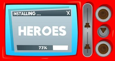 Cartoon Computer With the word Heroes. Message of a screen displaying an inst Stock Illustration