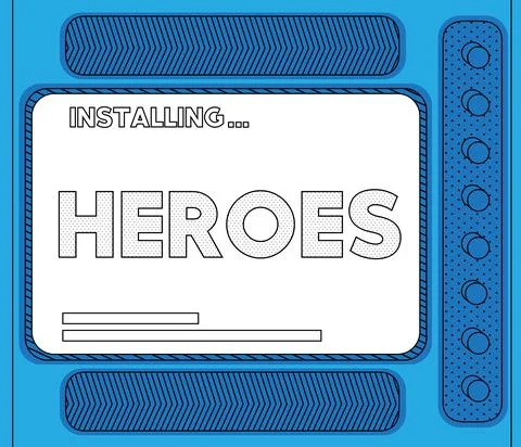 Cartoon Computer With the word Heroes. Message of a screen displaying an inst Illustrazione stock