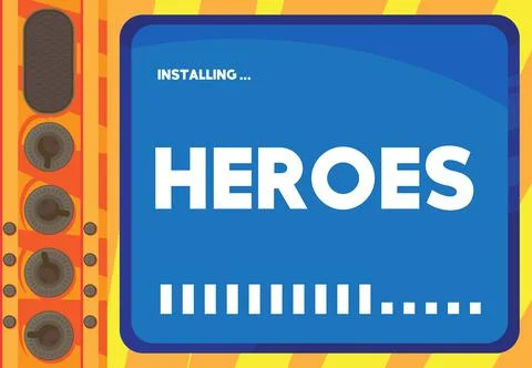 Cartoon Computer With the word Heroes. Message of a screen displaying an inst Illustrazione stock