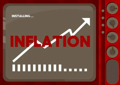 Cartoon Computer With the word Inflation. Message of a screen displaying an i Illustrazione stock