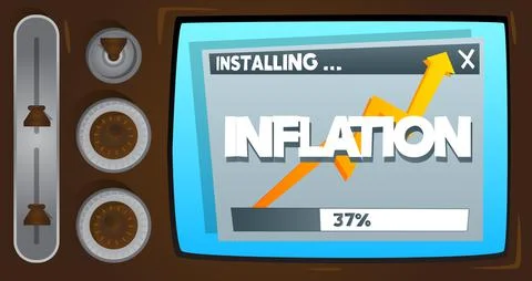 Cartoon Computer With the word Inflation. Message of a screen displaying an i Illustrazione stock