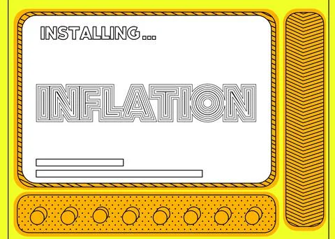 Cartoon Computer With the word Inflation. Message of a screen displaying an i Illustrazione stock