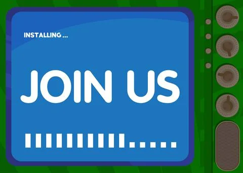 Cartoon Computer With the word Join Us. Message of a screen displaying an ins Ilustración de archivo