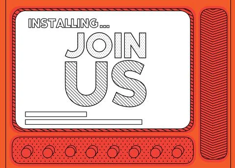 Cartoon Computer With the word Join Us. Message of a screen displaying an ins Ilustración de archivo