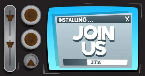 Cartoon Computer With the word Join Us. Message of a screen displaying an ins Illustrazione stock