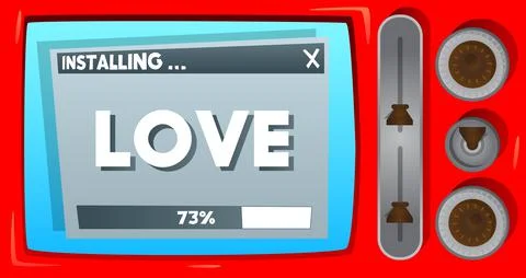 Cartoon Computer With the word Love. Message of a screen displaying an instal Illustrazione stock