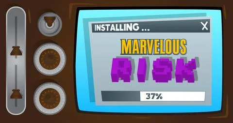 Cartoon Computer With the word Marvelous Risk. Message of a screen displayi.. Stock Illustration