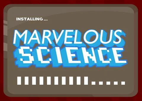 Cartoon Computer With the word Marvelous Science. Message of a screen displ.. Illustrazione stock