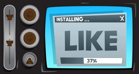 Cartoon Computer With the word Like. Message of a screen displaying an instal Illustrazione stock