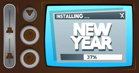 Cartoon Computer With the word New Year. Message of a screen displaying an in Illustrazione stock