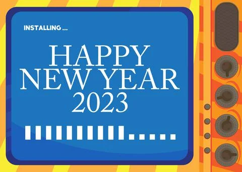 Cartoon Computer With the word New Year. Message of a screen displaying an in Illustrazione stock