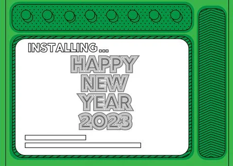 Cartoon Computer With the word New Year. Message of a screen displaying an in Stock Illustration