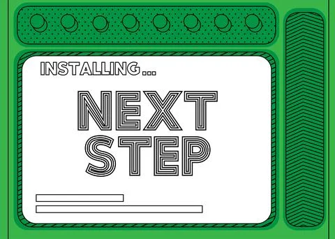 Cartoon Computer With the word Next Step. Message of a screen displaying an i Illustrazione stock