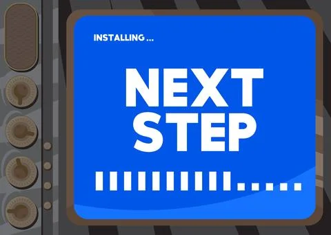 Cartoon Computer With the word Next Step. Message of a screen displaying an i Stock Illustration