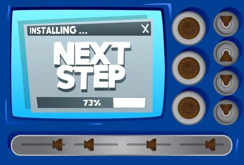 Cartoon Computer With the word Next Step. Message of a screen displaying an i Illustrazione stock
