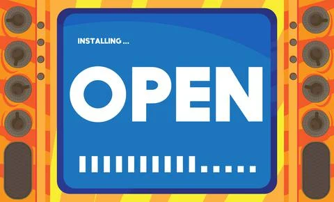 Cartoon Computer With the word Open. Message of a screen displaying an instal Illustrazione stock