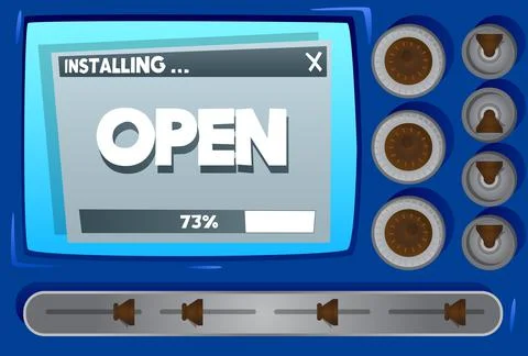 Cartoon Computer With the word Open. Message of a screen displaying an instal Illustrazione stock
