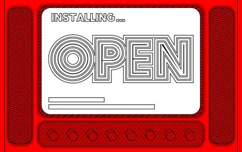 Cartoon Computer With the word Open. Message of a screen displaying an instal Illustrazione stock