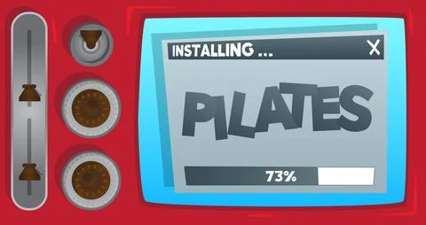 Cartoon Computer With the word Pilates. Message of a screen displaying an ins Stock Illustration