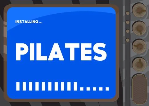 Cartoon Computer With the word Pilates. Message of a screen displaying an ins Illustrazione stock