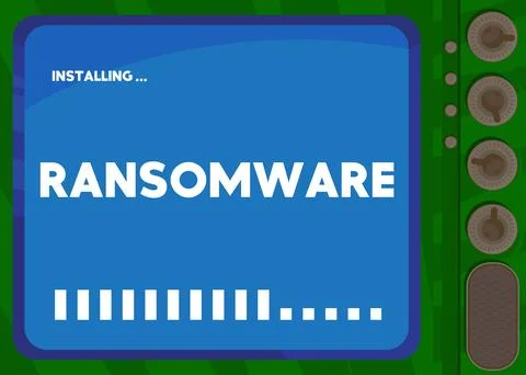 Cartoon Computer With the word Ransomware. Message of a screen displaying a.. Stock Illustration