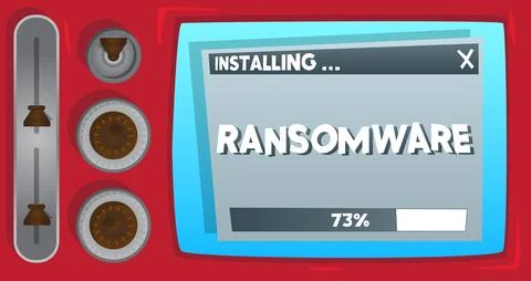 Cartoon Computer With the word Ransomware. Message of a screen displaying a.. Illustrazione stock