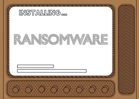 Cartoon Computer With the word Ransomware. Message of a screen displaying a.. Illustrazione stock