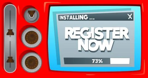 Cartoon Computer With the word Register Now. Message of a screen displaying a Stock Illustration