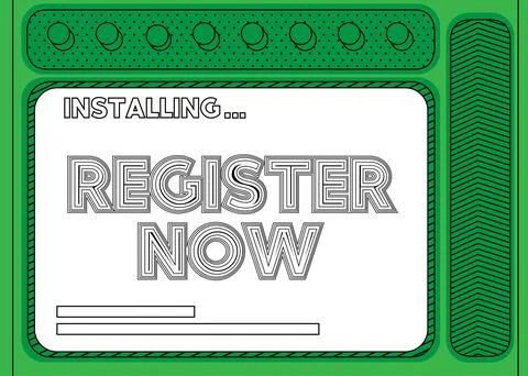 Cartoon Computer With the word Register Now. Message of a screen displaying a 库存插图