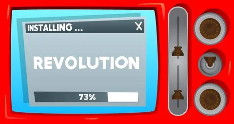 Cartoon Computer With the word Revolution. Message of a screen displaying an  Illustrazione stock