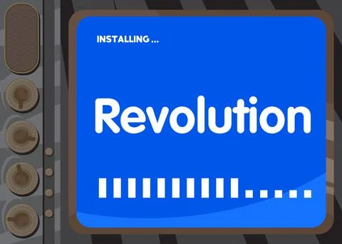 Cartoon Computer With the word Revolution. Message of a screen displaying an  Illustrazione stock