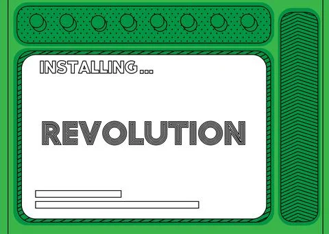 Cartoon Computer With the word Revolution. Message of a screen displaying an  Illustrazione stock